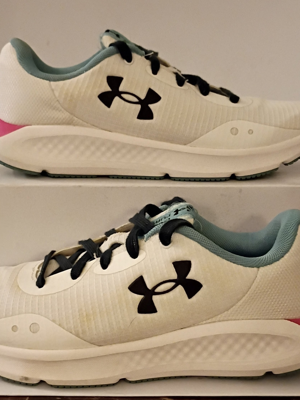 Under Armour Women’s White Running Shoes with Mint Lining and Black Logos
